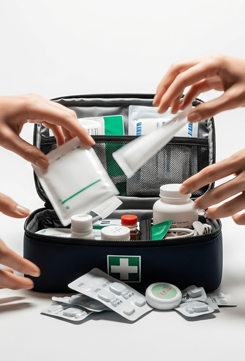 Landingpage SOS-Kit Verbandskasten Luca Aeschlimann steht selbstbewusst und lachend vor zwei Olivenbäumen. Im Hintergrund links sieht man eine grosses Gebäude und rechts einige Bäume.